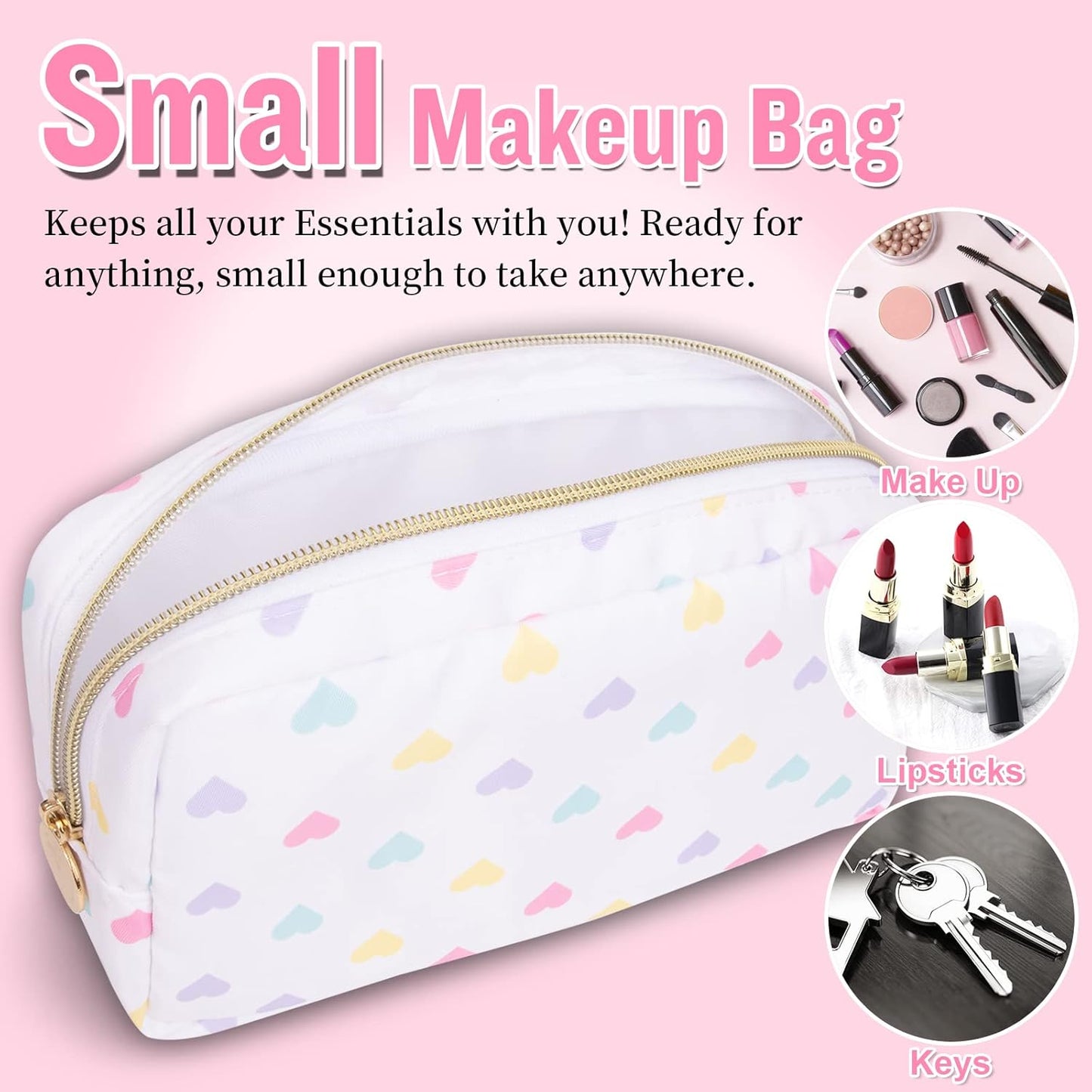 Nylon Small Makeup Bag for Purse, Cute Makeup Bag Preppy Cosmetic Zipper Pouch Purse, Waterproof Portable Travel Toiletry Bag Clutch Makeup Brush Bag Organizer Storage for Women Men Girl(White-Heart)