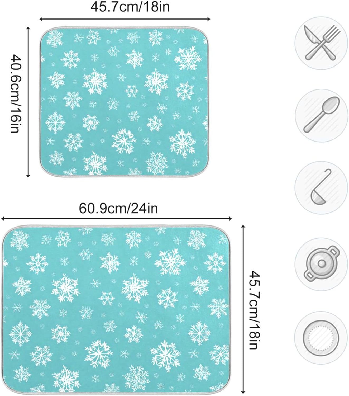 Winter Snowflake Turquoise Dish Drying Mat for Kitchen Countertop 18x24 Christmas Snow Aqua Xmas Large Drying Mat Reusable Quick Dry Dish Sink Mats Easy Clean Decorative Essentials