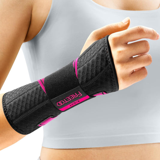 FREETOO Carpal Tunnel Wrist Brace Night Support Fit Right Hand for Work, Pain Relief Wrist Splint for Tendonitis, Arthritis, Wrist Stabilizer Brace Fit Women Men for Sleeping (Right, L/XL, Black/Pink)