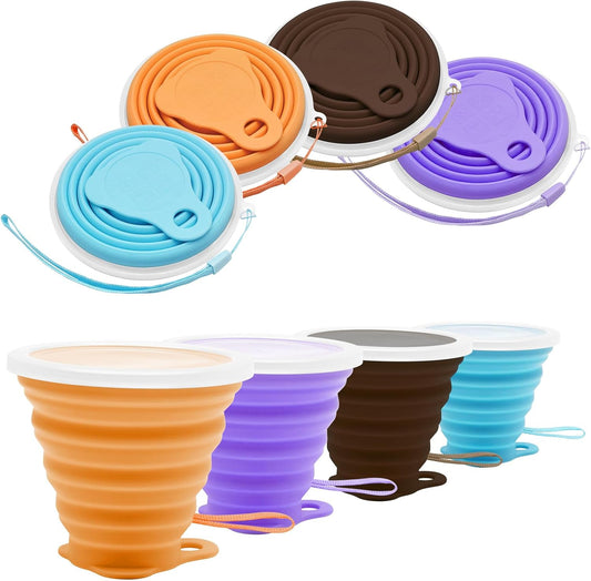 Litoexpe 4 Pack Silicone Collapsible Travel Cup Portable Folding Camping Cup Sets with Lids, Orange & Blue & Coffee & Purple, Capacity 9.22oz (270ml)