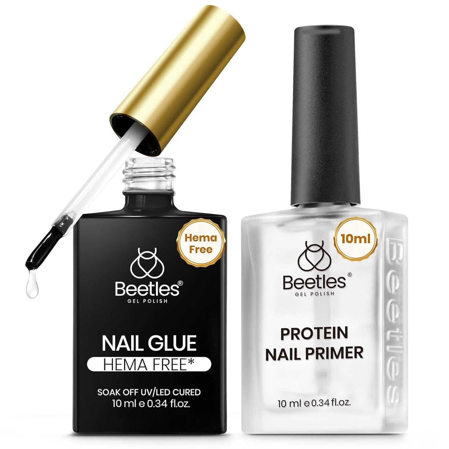 Beetles HEMA-Free Nail Glue & Primer Set, 2Pcs 10ml Super Strong 9 in 1 Nail Glue Gel and Bond Primer for Acrylic Fast Dry Nail Supplies, Long-Lasting Professional Nail Kit, U V Light Required
