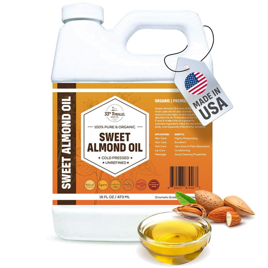 ORGANIC SWEET ALMOND OIL (16 oz) Premium Cold Pressed Unrefined | 100% Pure Sweet Almond Oil for Skin, Face, Hair, Soap Making | Carrier for Essential Oils | Available in Bulk | 16 FL OZ