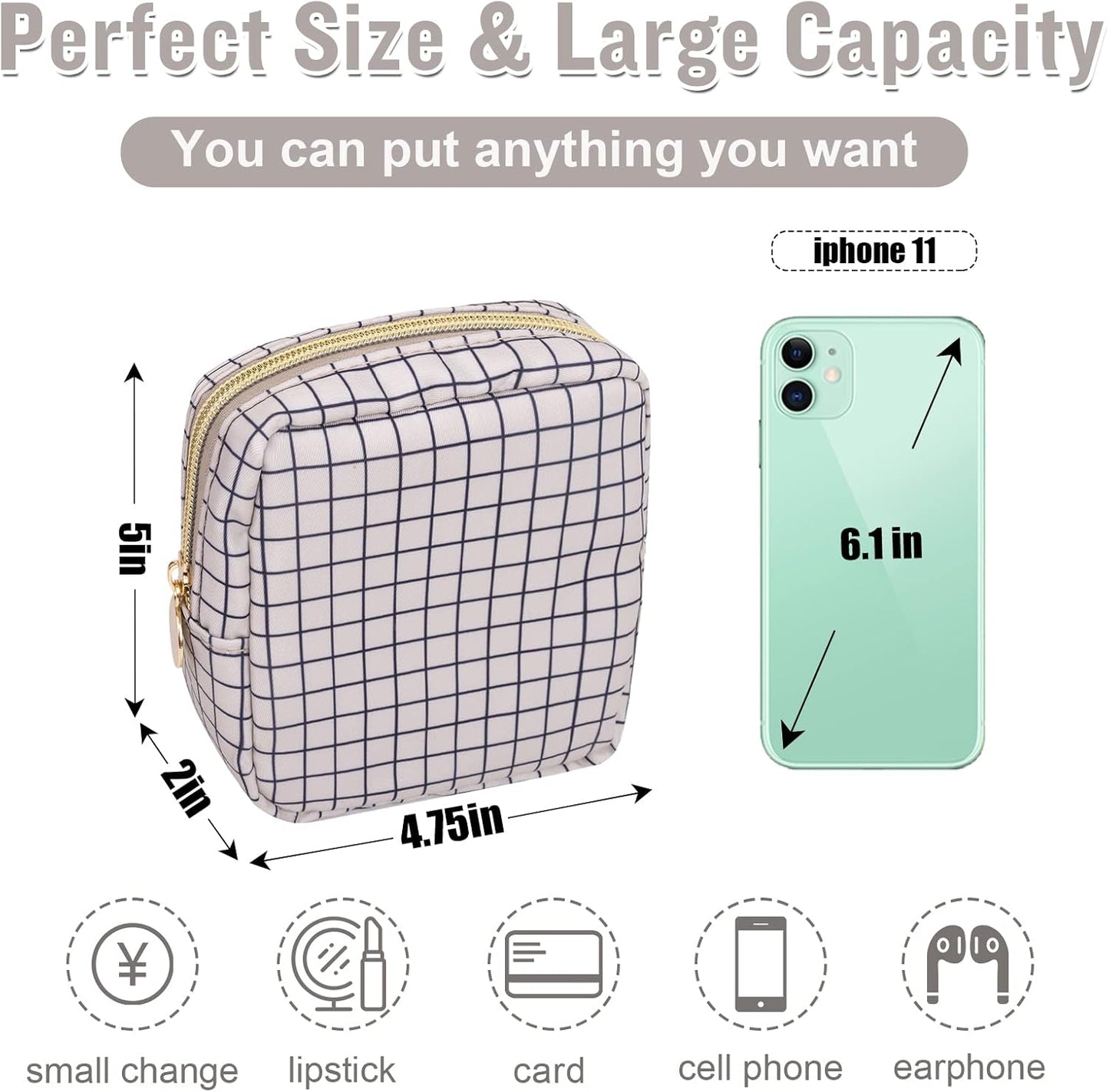Nylon Mini Makeup Bag for Purse, Small Cute Checkered Makeup Bag Preppy Cosmetic Zipper Pouch Purse, Travel Coin Pouch Sanitary Napkin Storage Bag Clutch Make Up Organizer for Women Girls(Checkered)