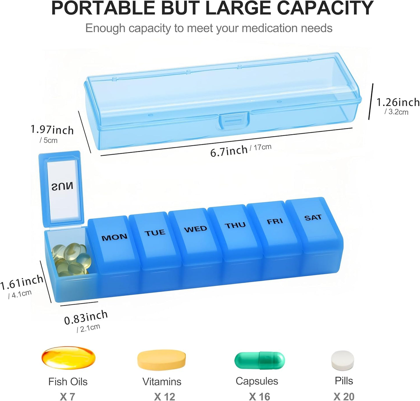 Silicone Weekly Pill Organizer 7 Day, Arthritis-Friendly Medicine Box Daily Pill Box, Large Medicine Case with Shell, Compact Travel Pill Container for Pill, Vitamin, & Fish Oil (Blue)