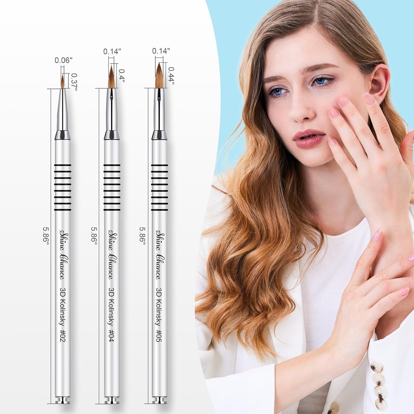 3Pcs 3D Nail Brushes Set Size 2 4 5, Kolinsky Hair Acrylic Flower Nail Art Brush, Art Design & Polish Mistake Cleaning Manicure Tools for Women Acrylic Application, Silver