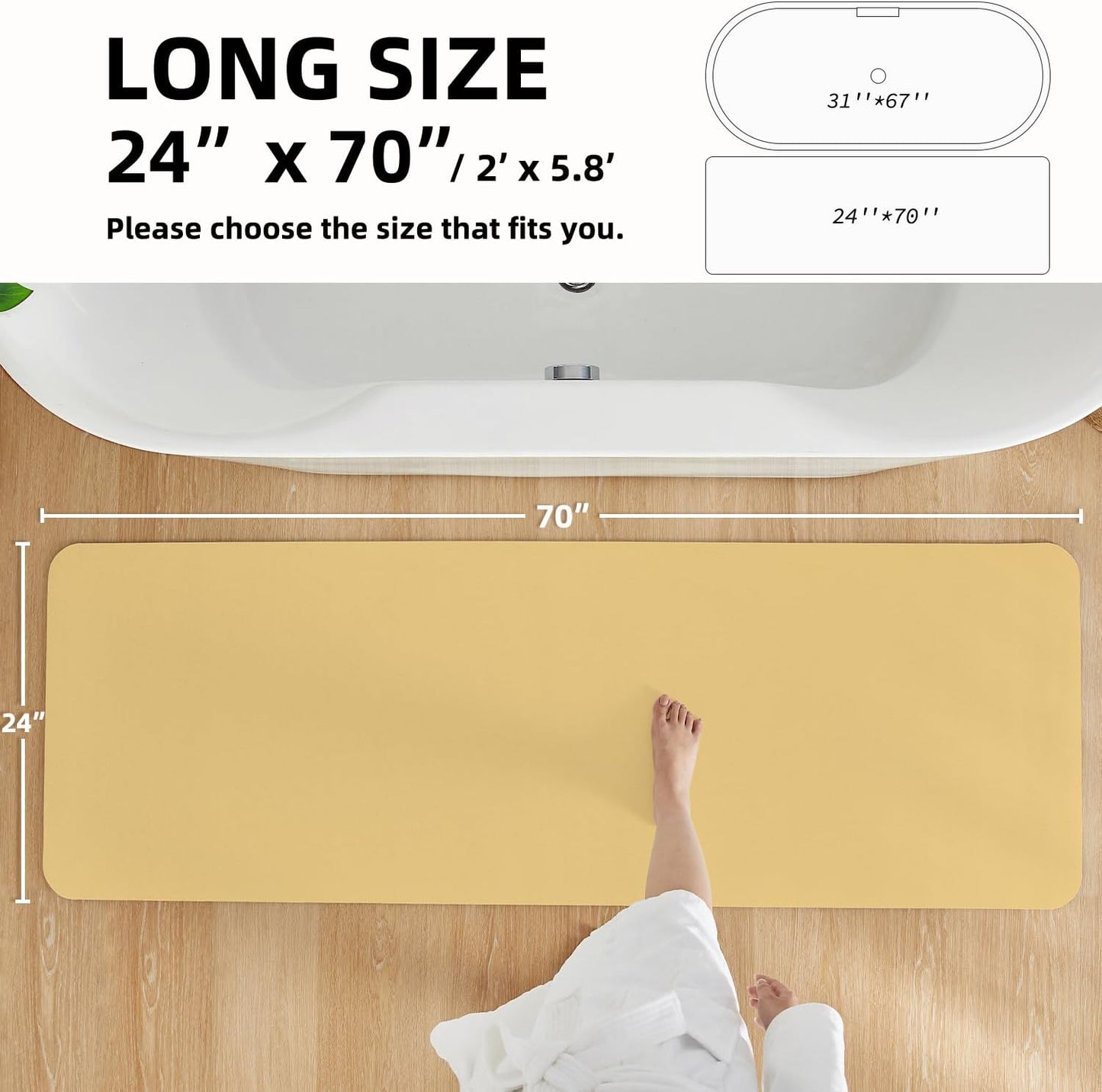 Bathroom Mat Quick Dry, Bathroom Rugs Non Slip Washable Thin Absorbent Bath Mat Fits Under Door Bathroom Floor Mat Perfect for Bath, Shower, or Sink 24"x70" Light Yellow