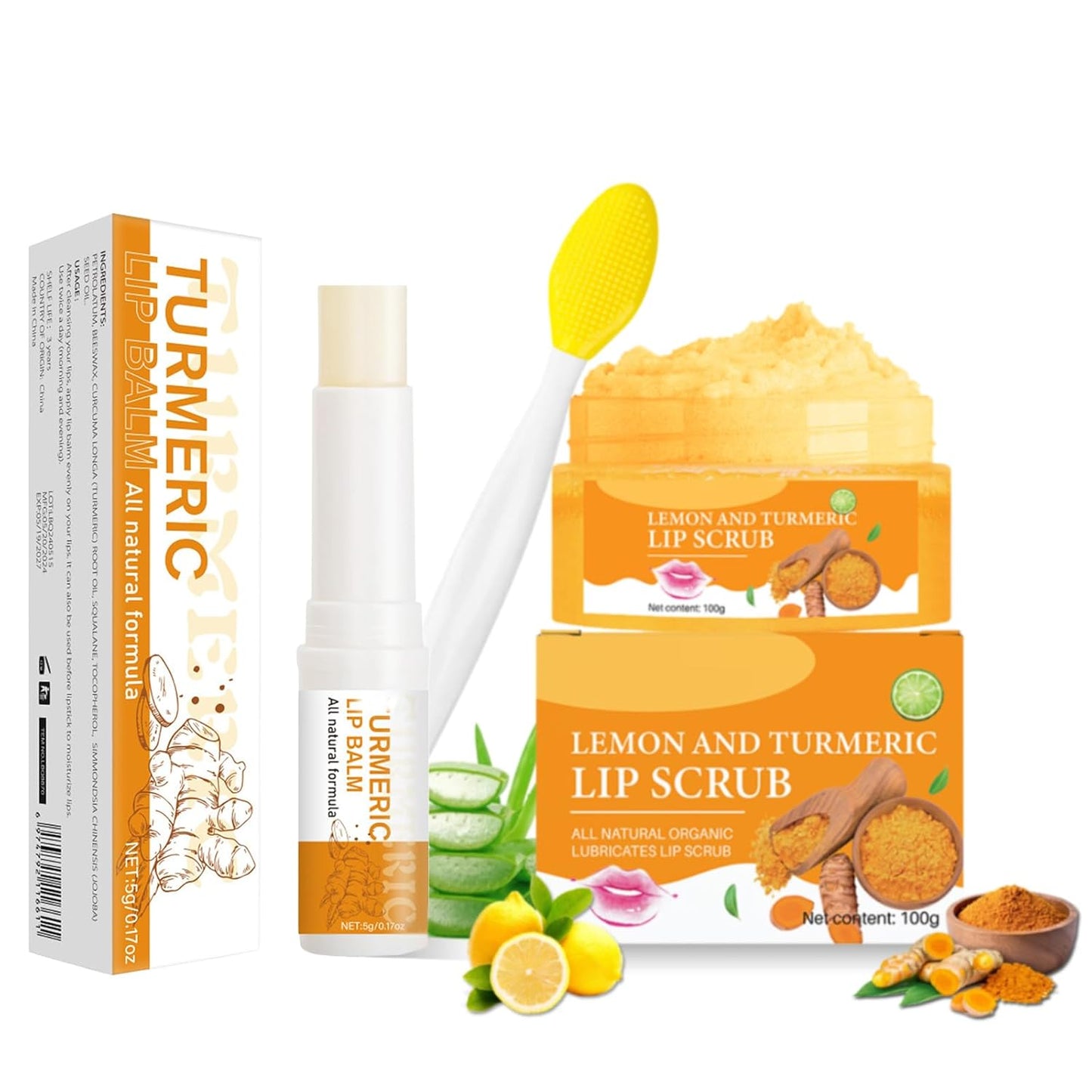 3PCS Turmeric Lip scrub 100g and Turmeric Lip Balm, Lip Scrubber Exfoliator Brush Set, Dark Lips Treatment for Smokers, Natural Exfoliator & Moisturizer Cracked, Dull, Reduce Fine Lines Lips