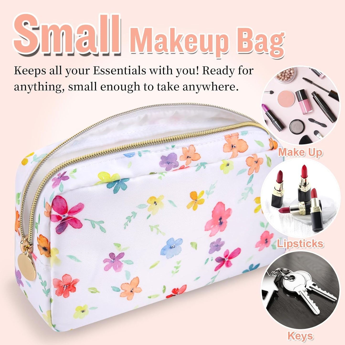 Nylon Small Floral Makeup Bag for Purse, Cute Preppy Makeup Bag Flower Cosmetic Zipper Pouch Purse, Waterproof Portable Travel Toiletry Makeup Brush Bag Organizer Storage for Women Girls(White-Flower)