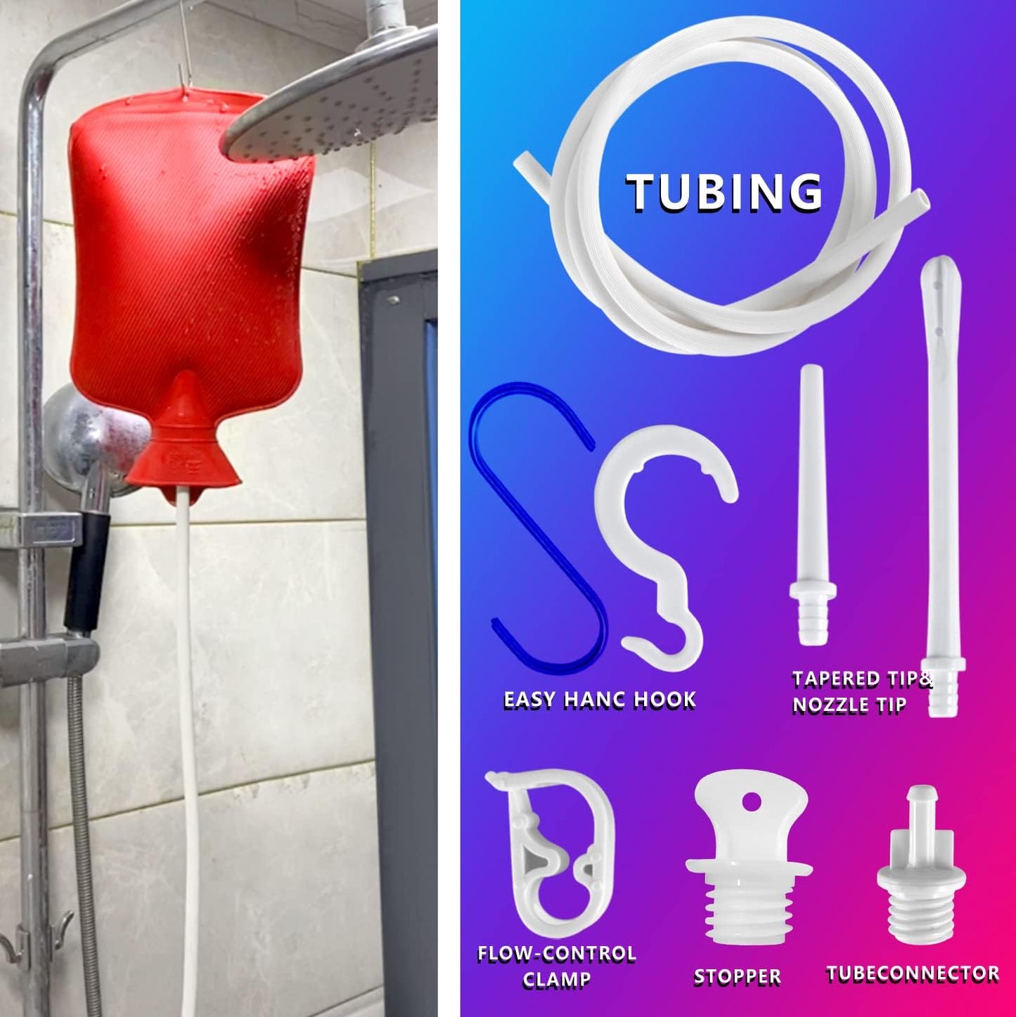 2L Home Enema Bag Kit with 2 Tips, 60 Inch Silicone Hose, Controlable Flow Valve, Hot-Water Bottle for Colon Cleansing (Red)