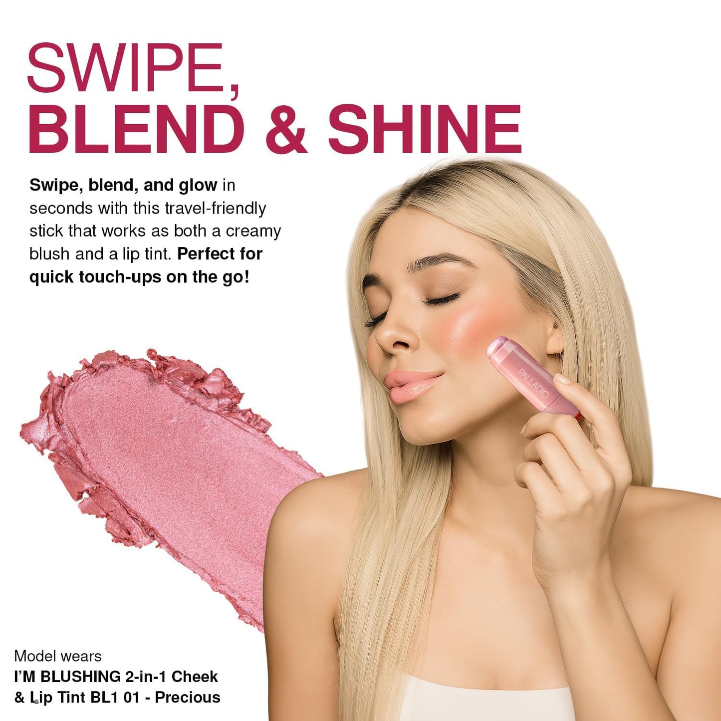 Palladio I'm Blushing 2-in-1 Cheek and Lip Tint, Buildable Lightweight Cream Blush, Sheer Multi Stick Hydrating formula, All day wear, Easy Application, Shimmery, Blends Perfectly to Skin, Sweetheart