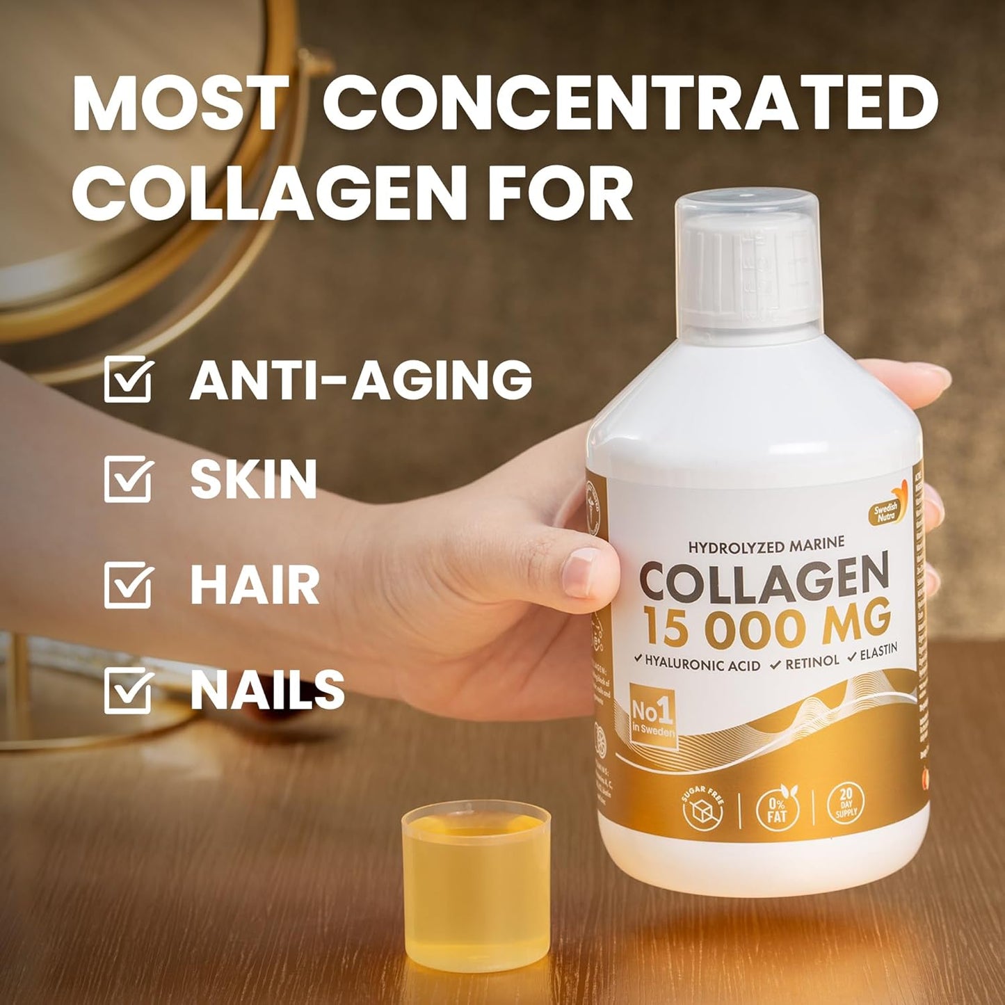 Swedish Nutra - Liquid Marine Collagen 15,000mg - 3 Packs of 500ml I Hydrolyzed Collagen Peptides (Type I & III) I Hyaluronic Acid, Biotin, Vitamin C I Sugar Free- 60 Day Supply