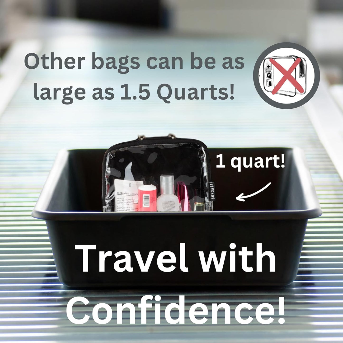 BORSALI TSA-Approved Quart-Sized Bag for Carry-on Travel - One (1) Quart Clear Toiletries, Cosmetic and 3-1-1 Liquids Toiletry Bag - Set of 3
