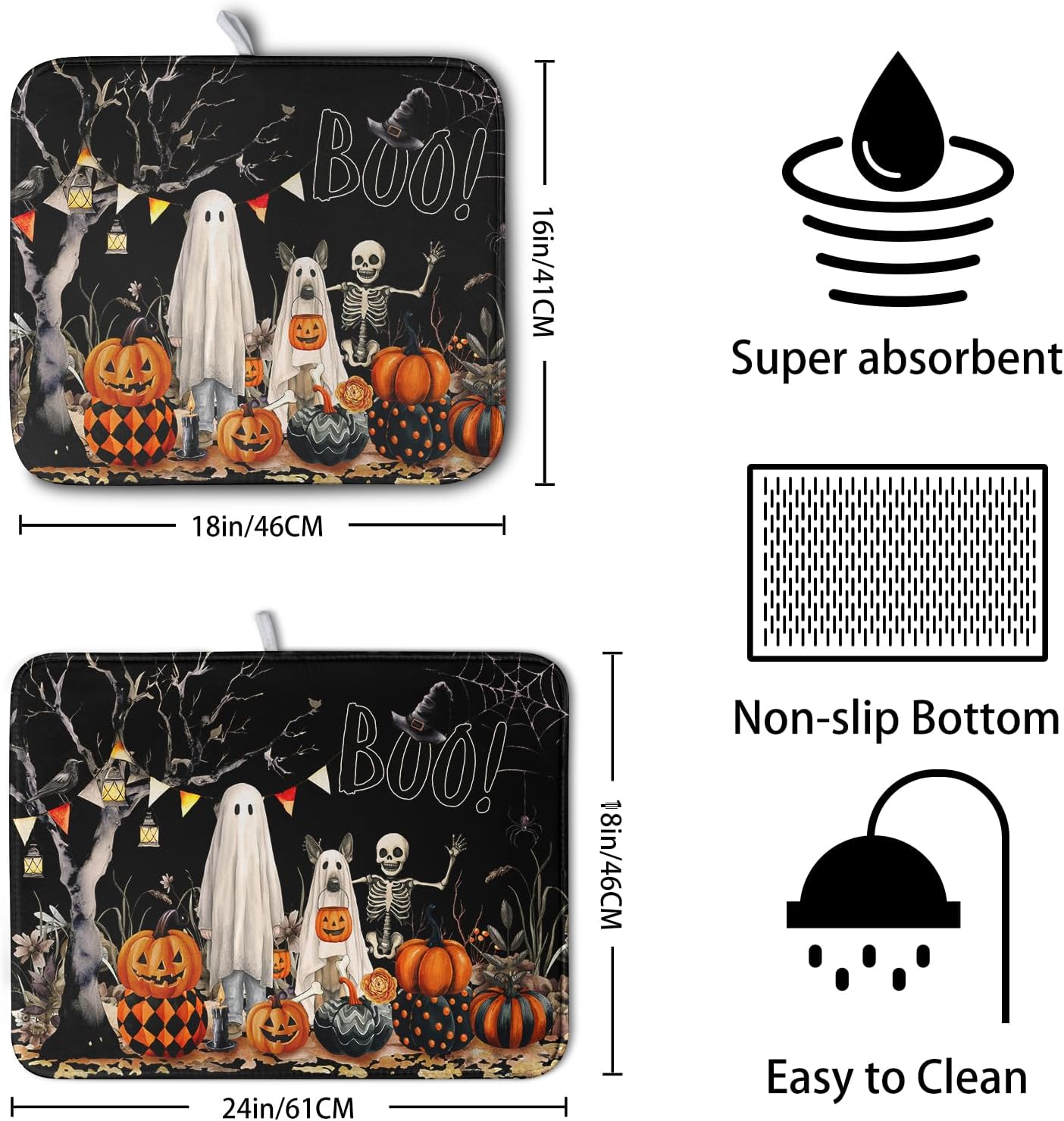 Halloween Dish Drying Mat for Kitchen Counter 18x24 Inch Black Ghost Pumpkins Dog Boo Skull Dishes Drainer Mats Absorbent Microfiber Washable Dish Draining Pad for Sink Coffee Bar