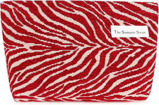The Summer Swan | Large Aesthetic Floral Mid-day Clutch Period Kit Hygiene Skincare Cute Makeup Bag (Velvet Zebra Print Red)