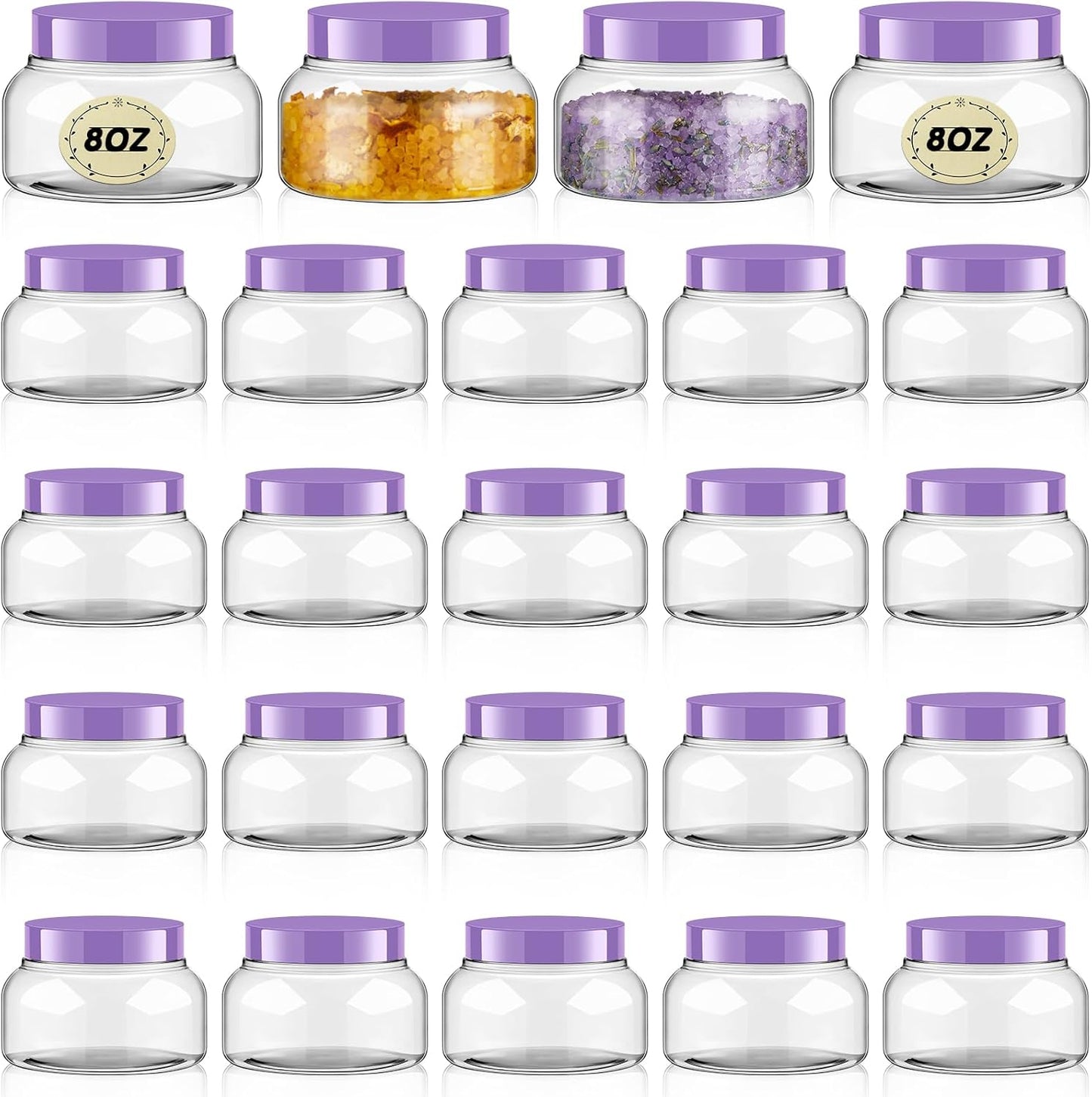 Tessco 24 Pack Plastic Jars with Lids Labels Empty Clear Plastic Jars Round Refillable Cosmetic Containers Body Butter Containers Bulk Sugar Scrub Bottle for Make Up(8 oz,Purple)
