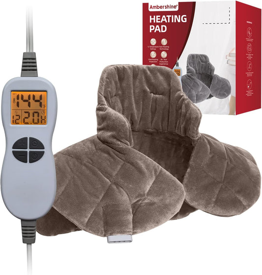 Ambershine 19''x24'' Weighted Neck & Shoulder Heating Pad, 2.5lbs with 12 Temperature Settings& 4 Auto-Off Timers, Pain Relief for Neck/Shoulder/Back, Christmas Gifts for Women Men Mom Dad(Light Tan)