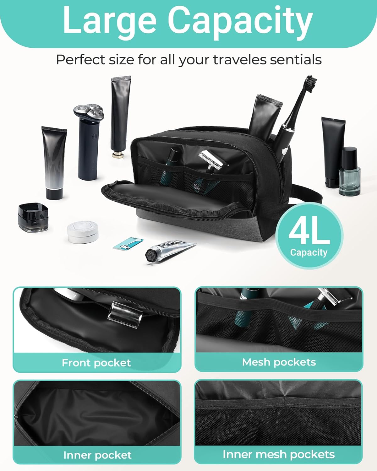 Elviros Travel Toiletry Bag for Men Hanging Dopp Kit Shaving Bag Toiletries Organizer Small Tool Medicine Hygiene Bag for Traveling Pouch (Black)