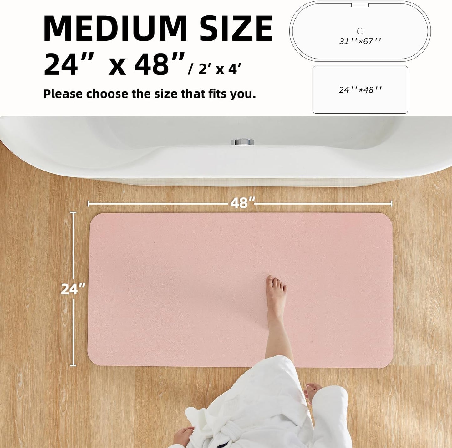 Pink Bath Mat, Bathroom Rugs Non Slip Washable Thin Absorbent Quick Dry Bath Mat Fits Under Door Bathroom Floor Mat Perfect for Bath, Shower, or Sink 24"x48" Pink