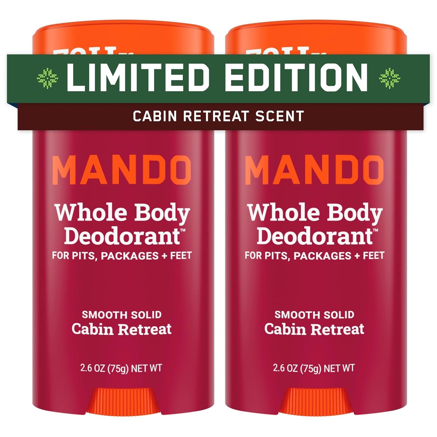 Mando Whole Body Deodorant For Men - Smooth Solid Stick - 72 Hour Odor Control - Aluminum Free, Baking Soda Free, Skin Safe - 2.6 Ounce (Pack of 2) - Cabin Retreat Limited Edition Scent