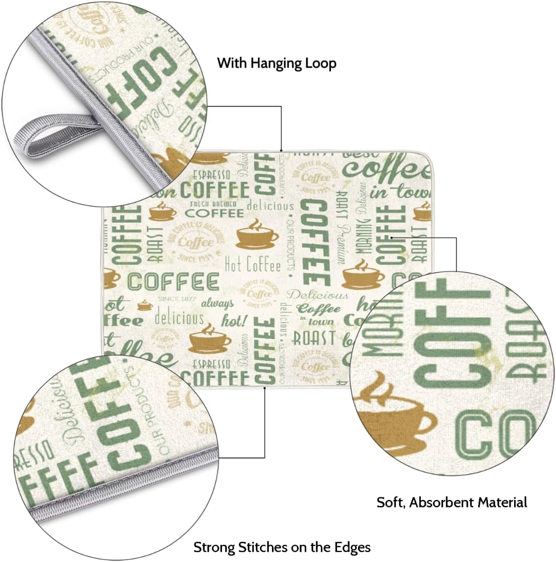 Hexteria Dish Drying Mat for Kitchen Counter, Absorbent Coffee Bar Mat, Dish Drainer Rack Mats for Kitchen Counter, Green