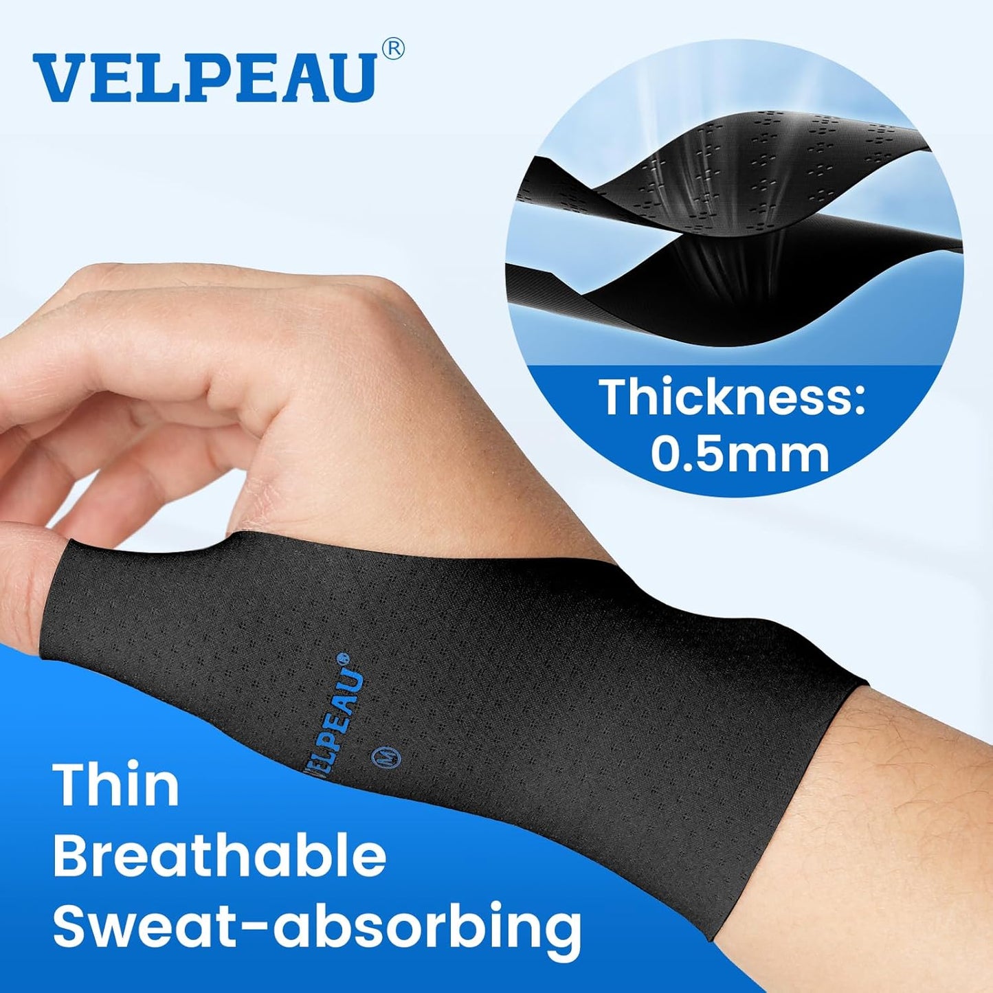 VELPEAU Thumb and Wrist Compression Sleeve for Tendonitis (Pack of 2), Seamless Technology, Gloves Wraps for Arthritis Pain Relief for Women & Men, Splint Liner, Fits Both Hands (Black, Long Version, M)