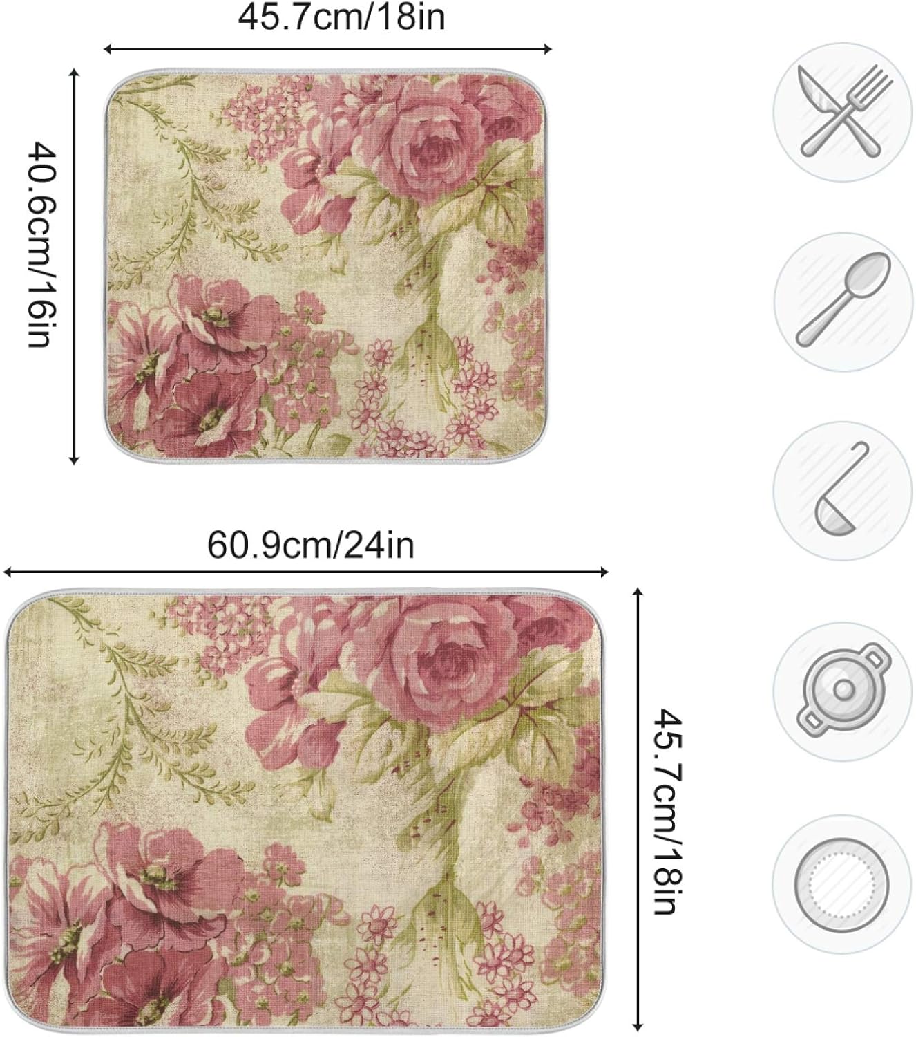 Dish Drying Mat for Kitchen Counter Vintage Pink Rose Absorbent Microfiber Drying Pad Dish Drainer Mat 18 x 16 Inch Reversible Bottles Dish Dry Pad