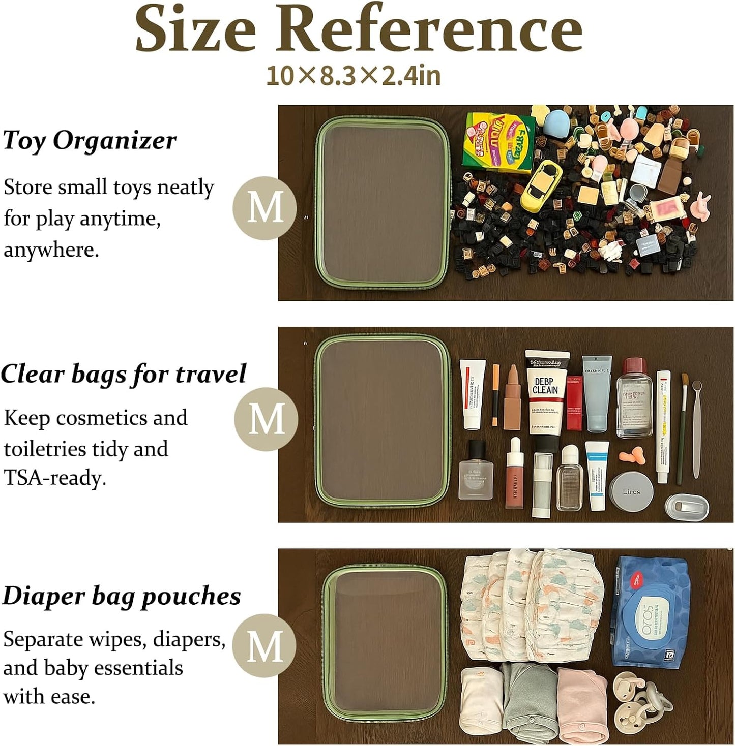 4 pcs Clear Zipper Pouches,Hard Shell Zipper Case, Toiletry Bag for Travel, CLear Diaper Bag, Toiletry Pouch, Travel Organizer, Clear Cosmetic Bag,Toy Storage Bins (M+3S) (Mint Green)