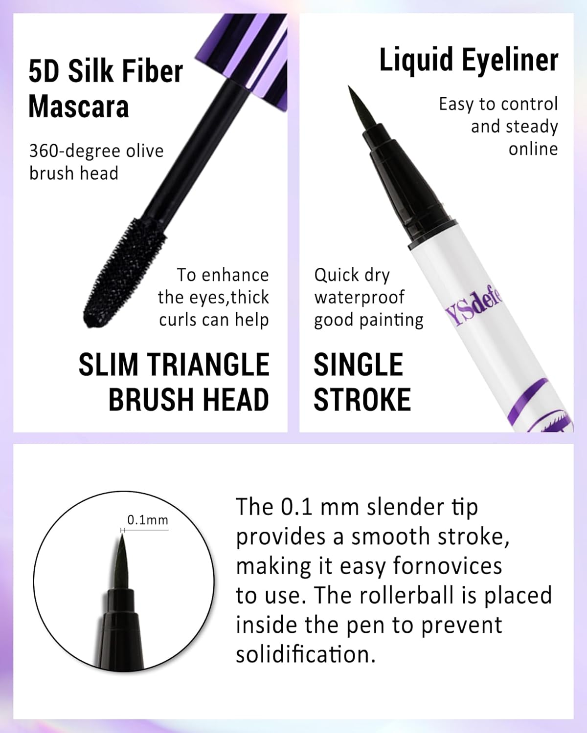 Purple Mascara Liquid Eyeliner Set, Update Longlasting Waterproof Color Eye Liner Pen, 5D Silk Fiber Colored Mascara Volume and Length, Halloween Party Stage Use Eye Makeup Gift Kit for Women Girl-05