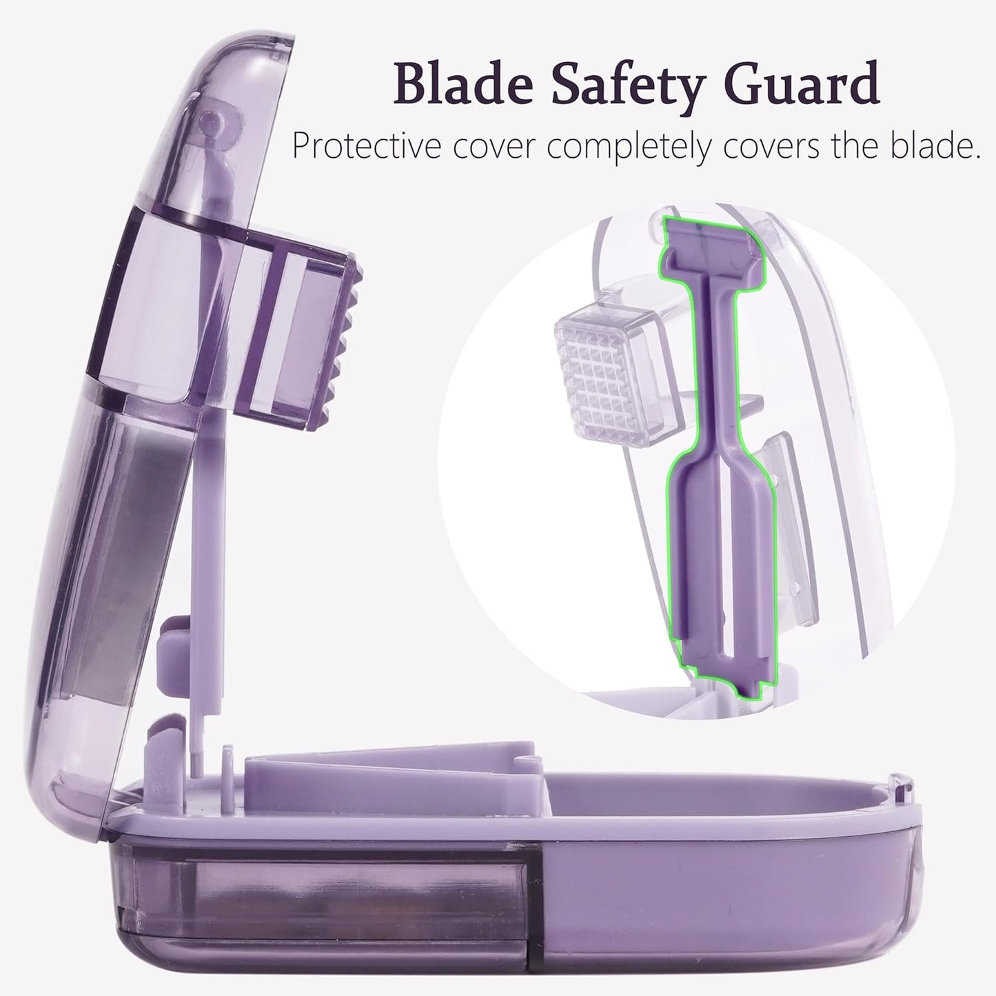 Pill Cutter Splitter for Small and Tiny Pills, or Large Pills. V-Shaped Design for Multiple Sizes. Safety Blade Guard. Loss-Proof Built-in Small Brush & Sliding Door Pill Storage (Purple)