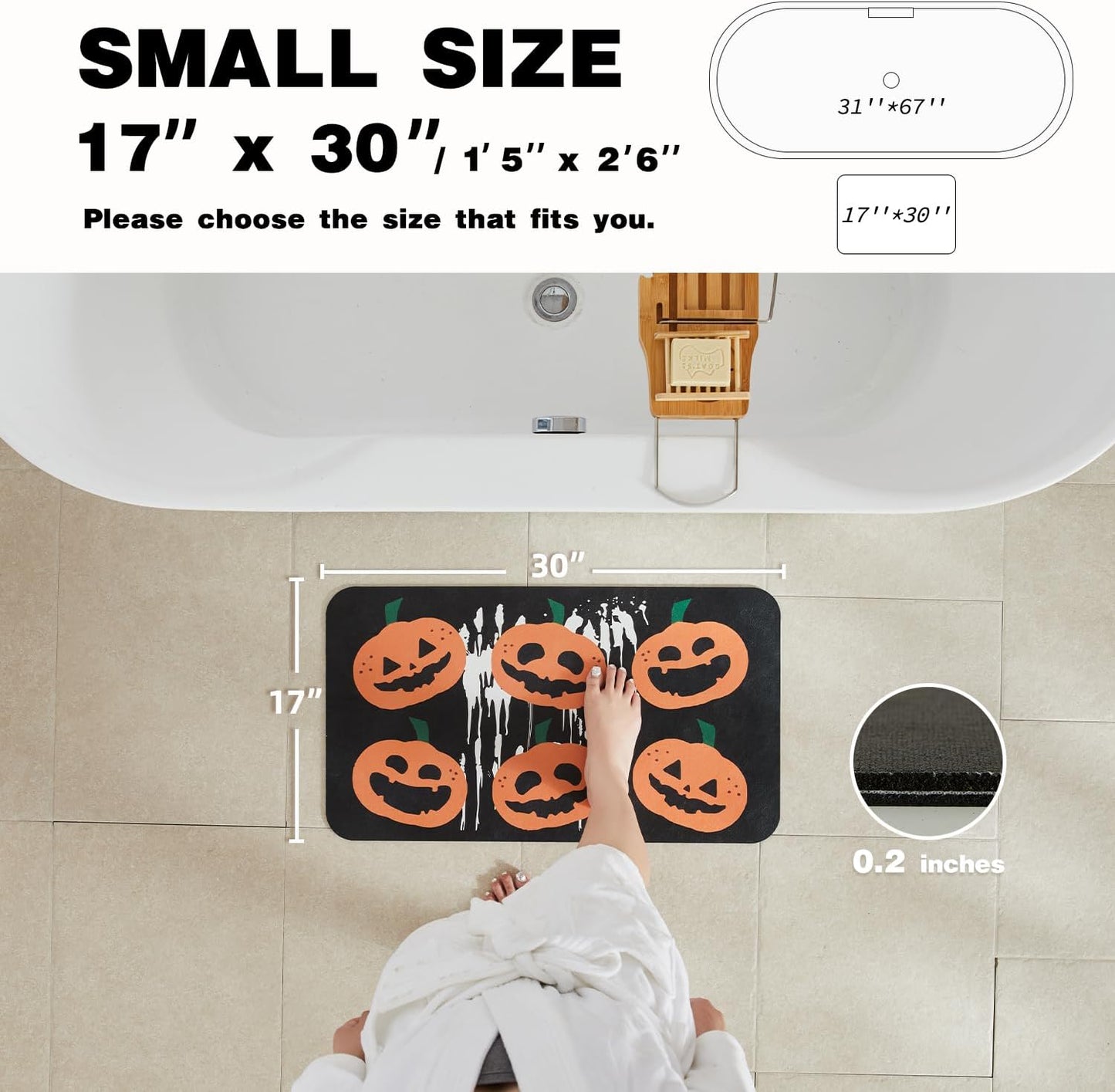 Halloween Bath Mat, Thin Halloween Bathroom Rug Non-Slip Quick Dry Pumpkin Bath Mat Fits Under Door Thin Floor Mat Halloween Decor, 17’’x30‘’, Pumpkins Black