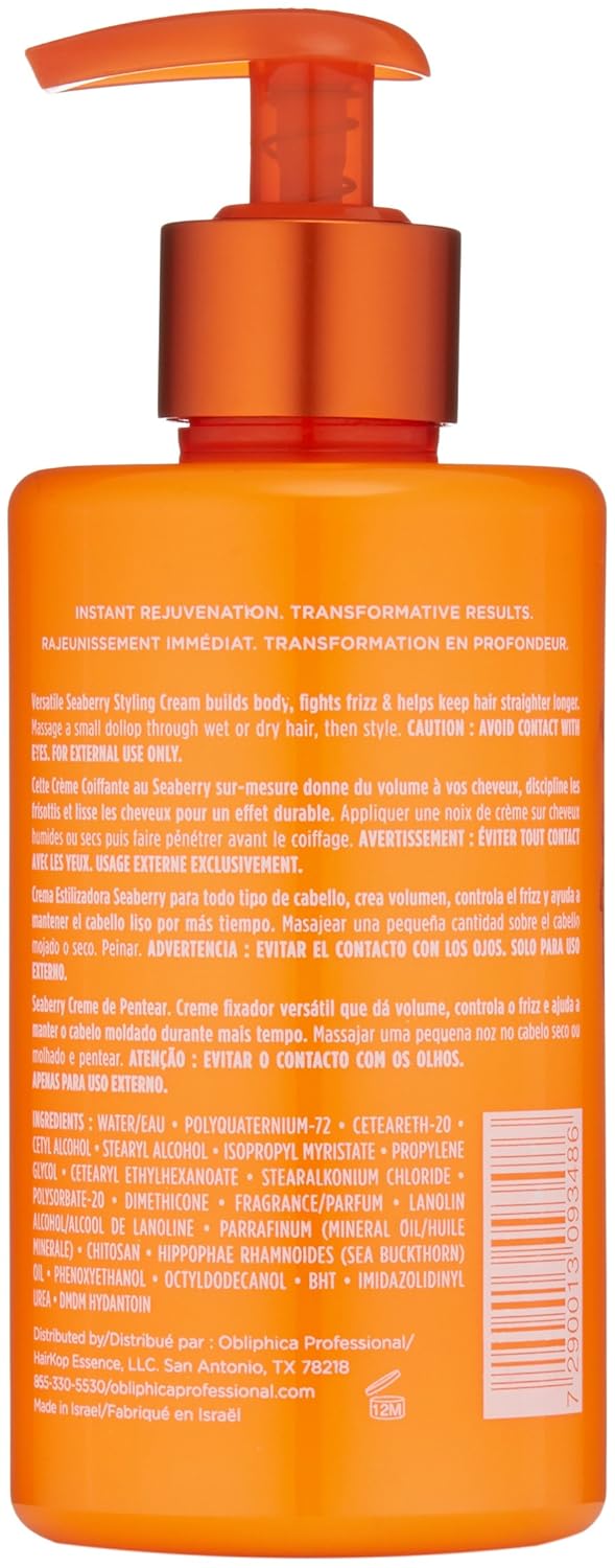 Obliphica Seaberry Styling Cream for Women - Anti-Frizz Control, Normal Hair Products, Damaged Repaired Hair - Hair Mask & Treatment for Protecting Hair & Scalp - 10 Fl Oz
