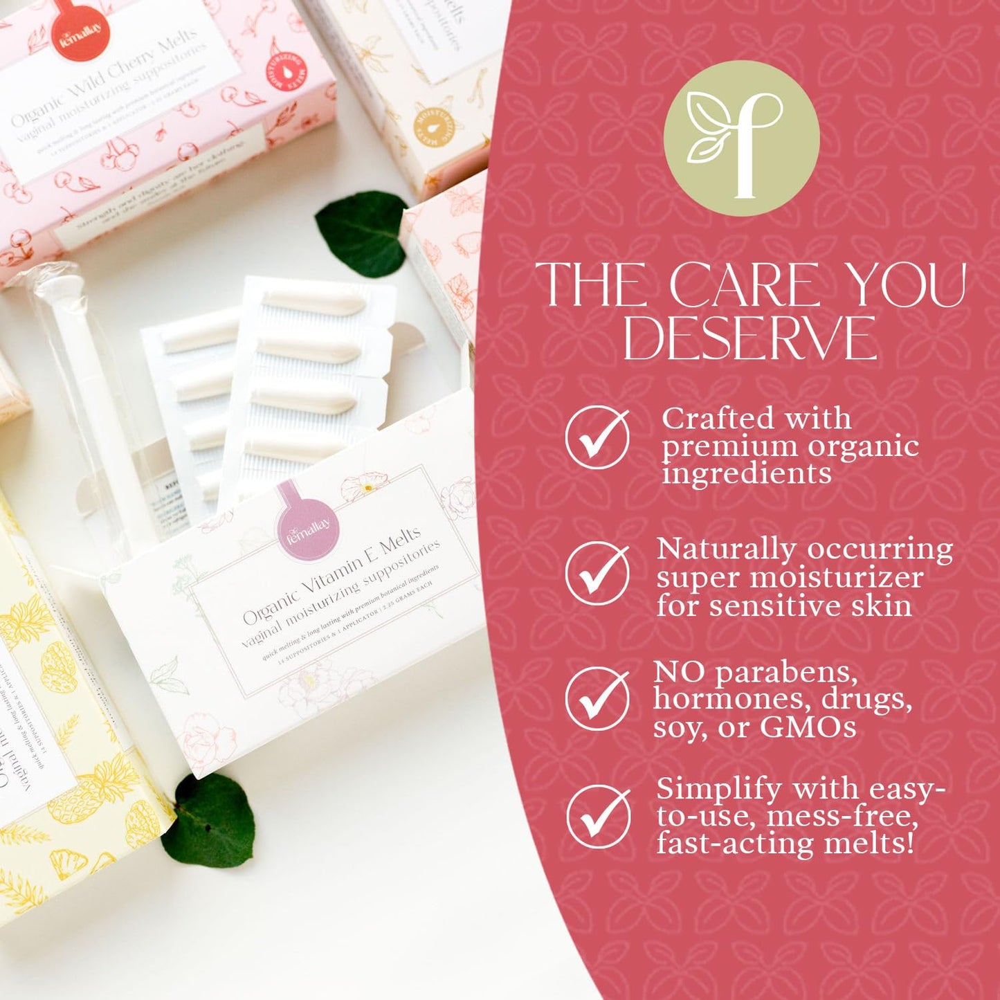 Femallay Organic Vitamin E Vaginal Moisturizing Suppository Melts - 2 Pack - Relief for Menopause Dryness & Irritation - 14 Count + Applicator