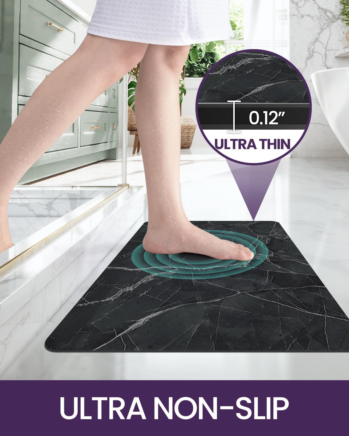 DEXI Bath Mat 17x32, Non Slip Quick Dry Rugs, Super Absorbent Ultra Thin Marble Bathmat, Washable Rubber Mats for Shower Floor, in Front of Bathtub, Sink, Bathroom Accessories Decor, Black