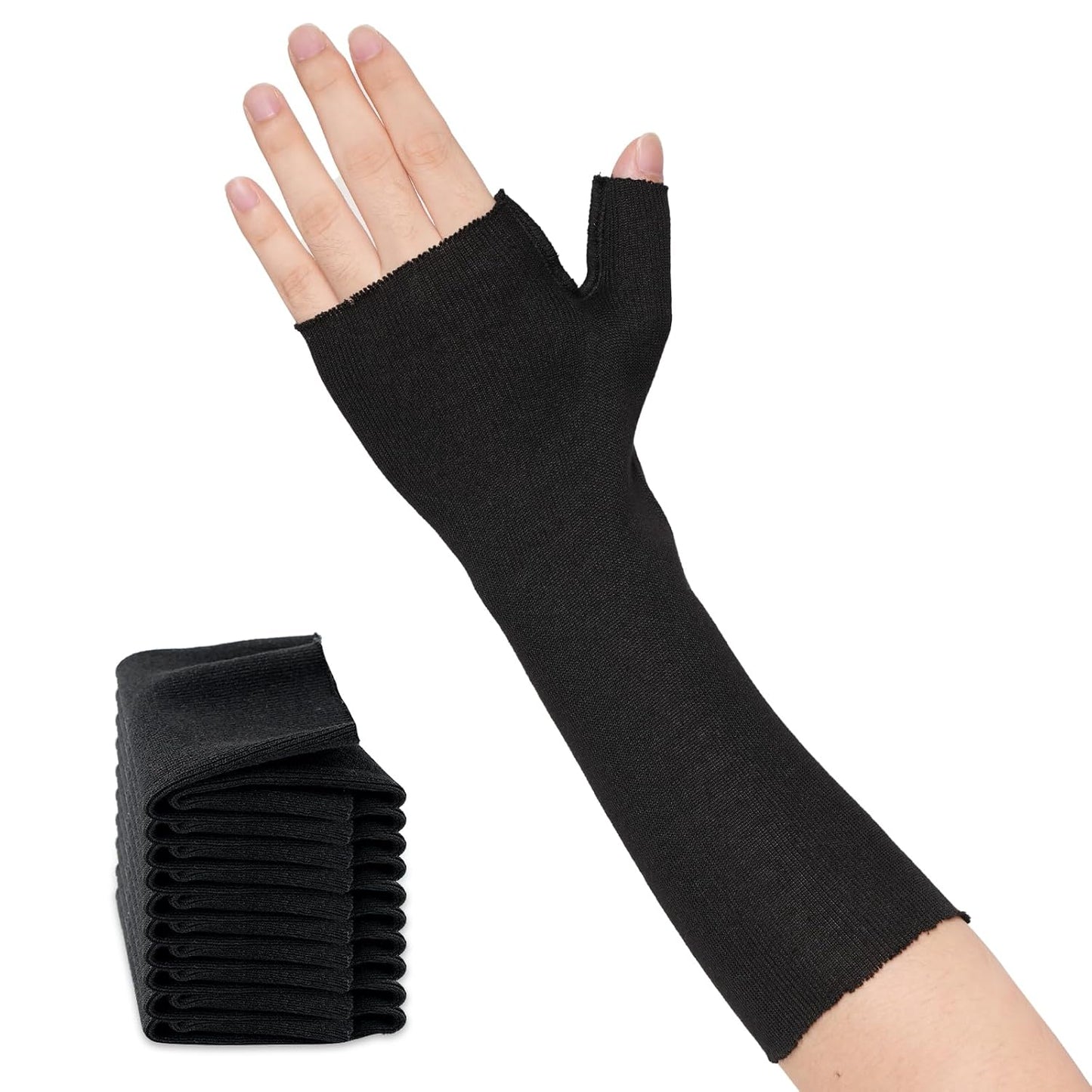 Hand Socks for Splint (Pack of 10), Elastic Cotton Stockinette Tubing, Surgical Sleeves for Arm, Wrist and Thumb Sleeve Under Brace, Cast Wrap Liner for Men & Women, Fit Left & Right Hands (Black, L)