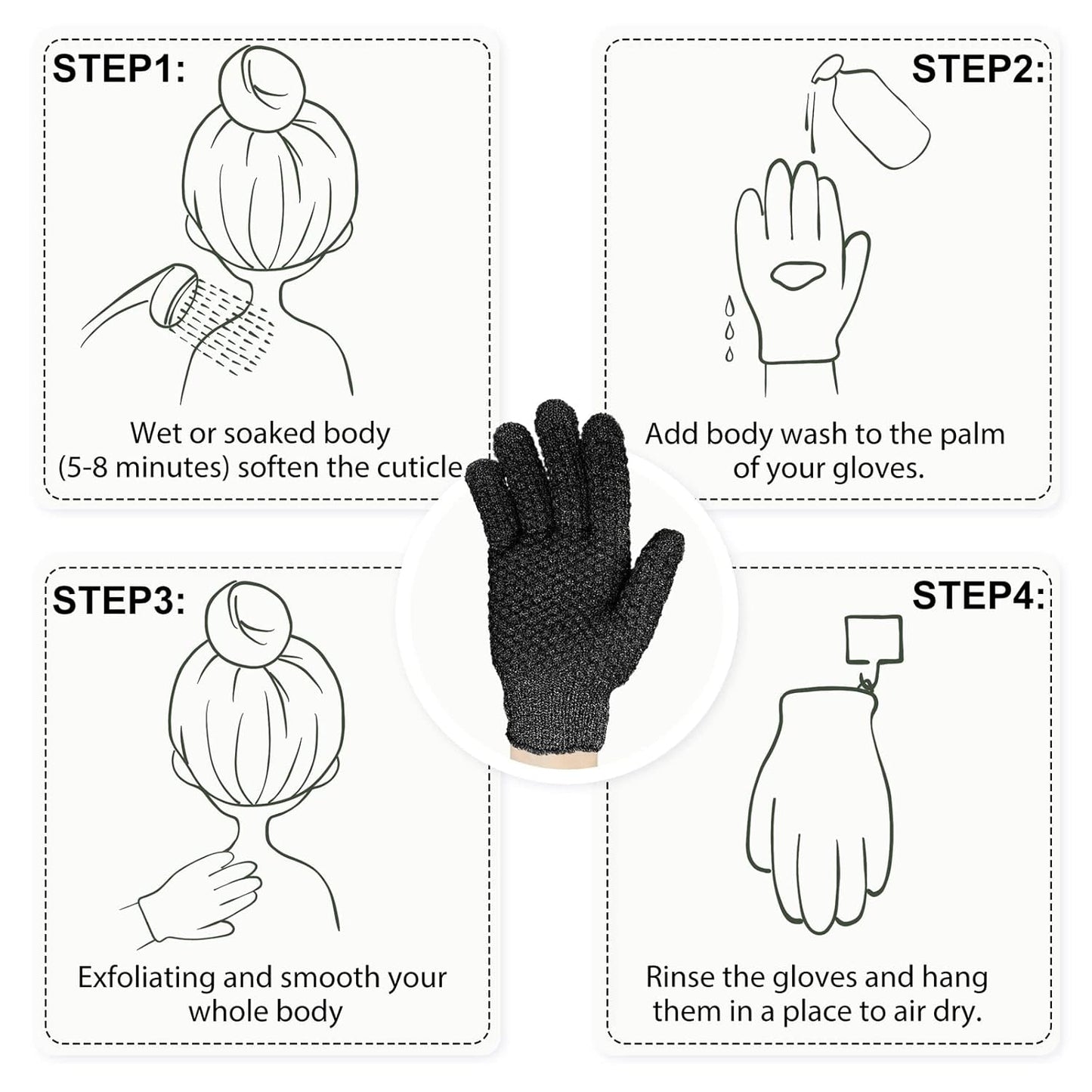 Evridwear Exfoliating Dual Texture Bath Gloves for Shower, Spa, Massage and Body Scrubs, Dead Skin Cell Remover, Gloves with Hanging Loop (1 Pair Black Heavy Glove)