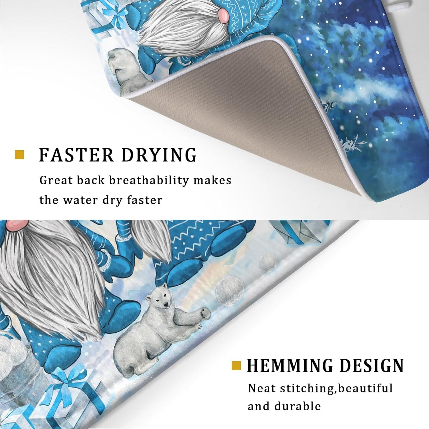 Winter Blue Gnome Dish Drying Mat for Kitchen Counter Pine Tree Microfiber Dish Pad Absorbent Reversible Fast Dry Draining Mats 18x24 Inch