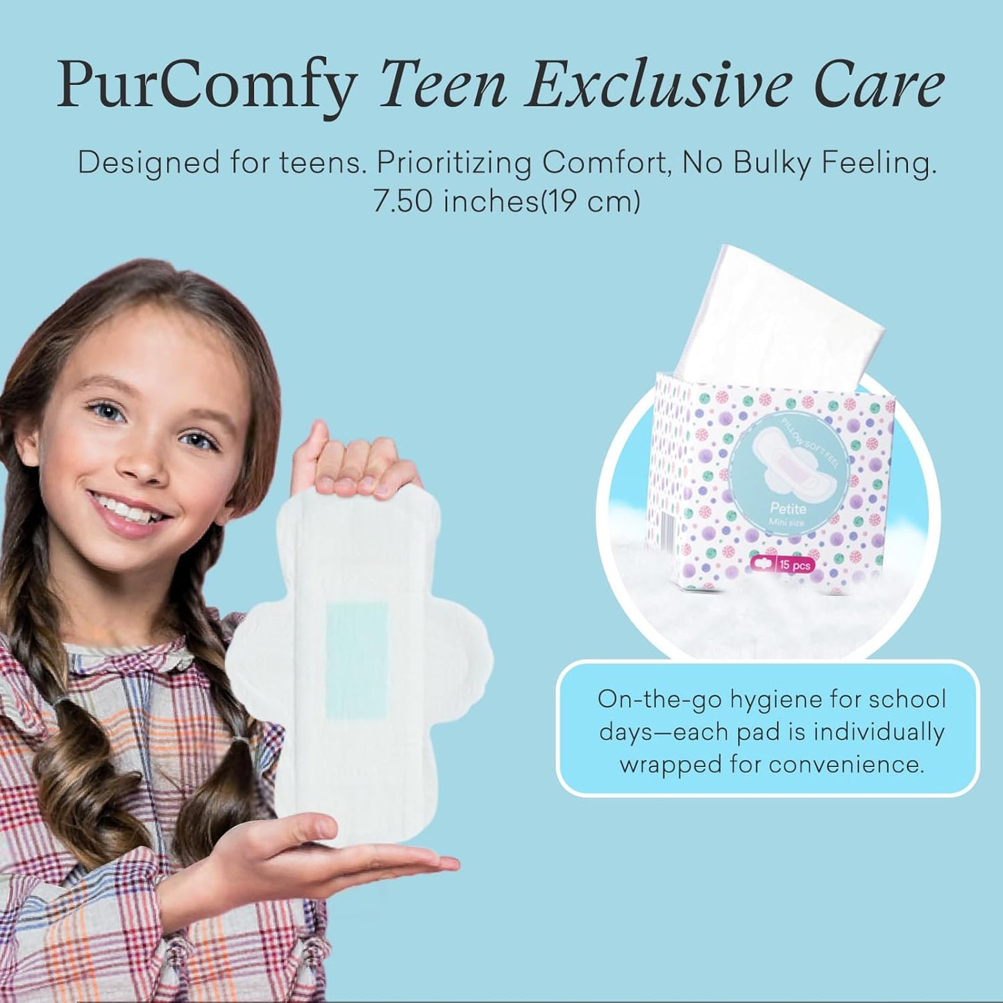 Teens Period Pads with Wings for Tweens, Organic Cotton Sanitary Pads for Teen Girls 9-14, Mini Petite, 15 CT