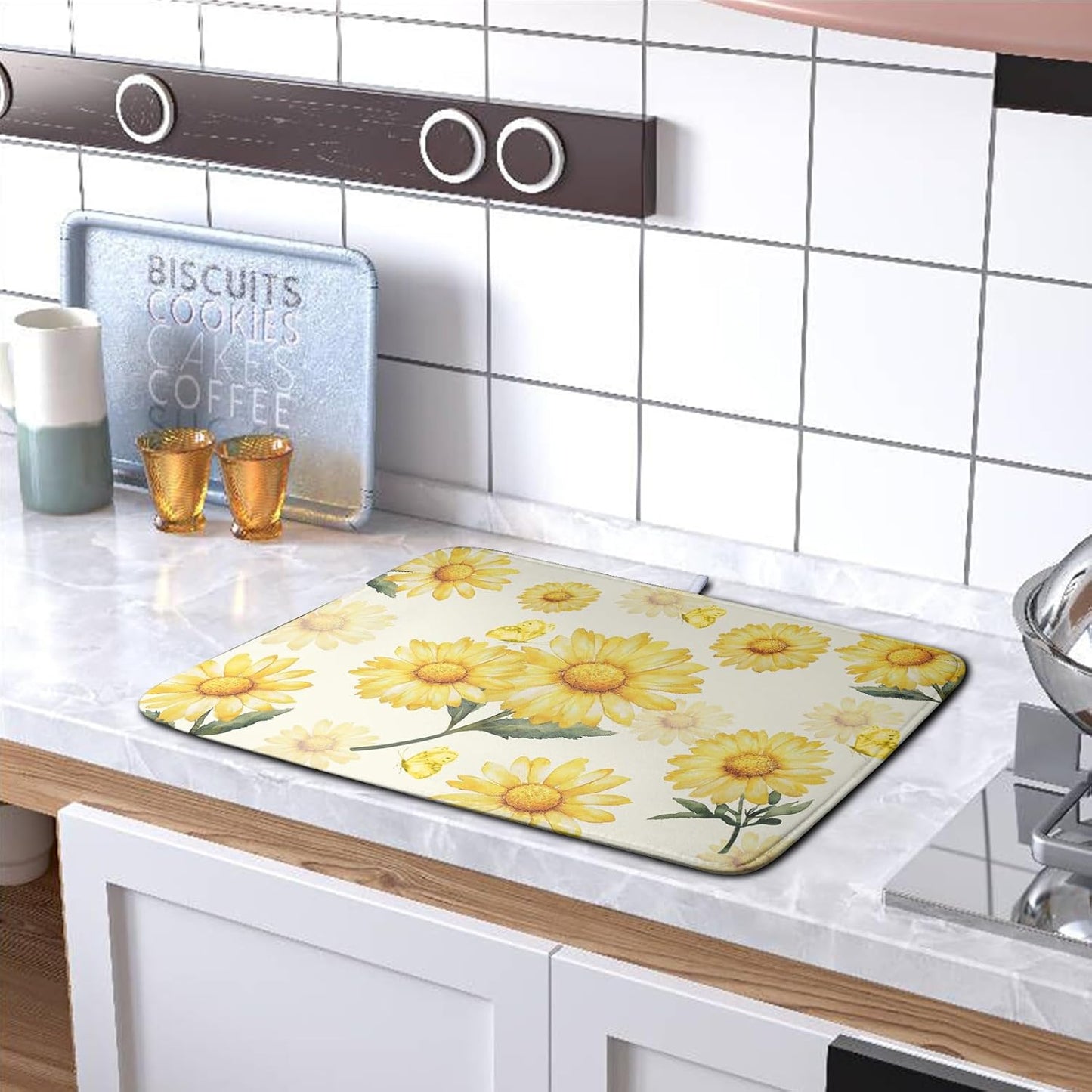 Yellow Sunflower Dish Drying Mat for Kitchen Counter Summer Daisy Floral Dishes Pad Farmhouse Flower Dish Draining Microfiber Absorbent Dish Drainer Rack Mat Large 16x18 Inch