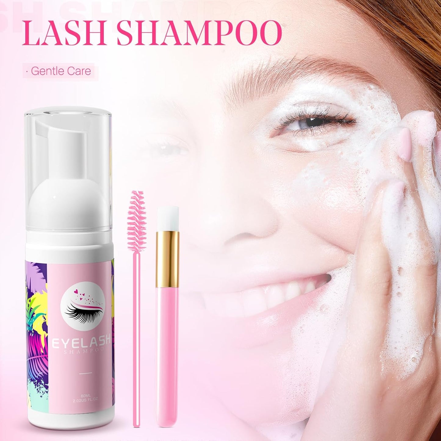 Buqikma Lash shampoo for Eyelash Extension, 60Ml/2.11fl.Oz Eyelash Shampoo Kit with Lash Wash Brushes Gentle Lash Extension Cleanser for Professional Salon and Home Eyelash Care