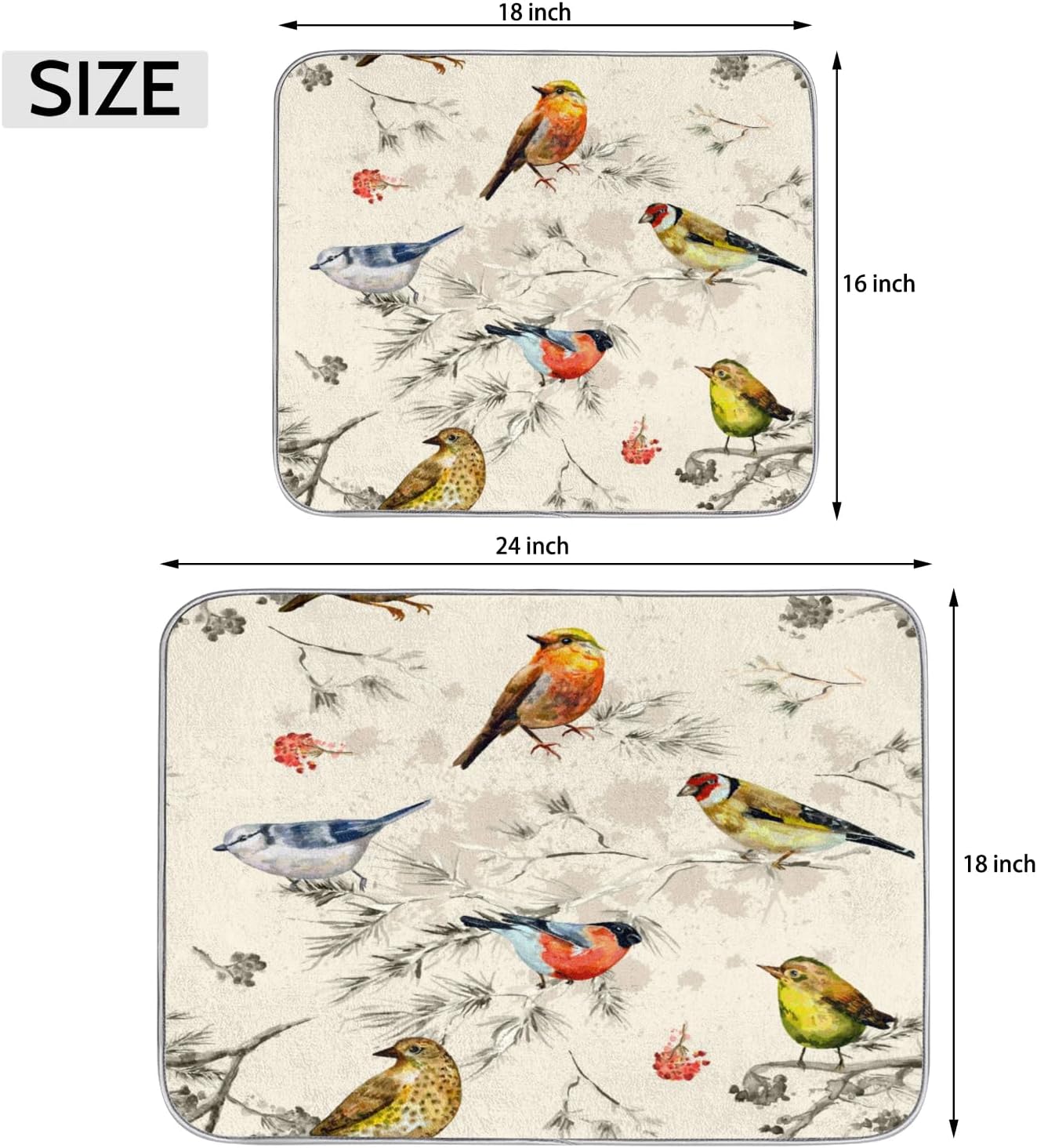 Hexteria Vintage Birds Dish Drying Mat for Kitchen Counter, Absorbent Reversible Microfiber Dish Drying Pad Kitchen Drying Mat for Home Decor, 16 x 18 inch