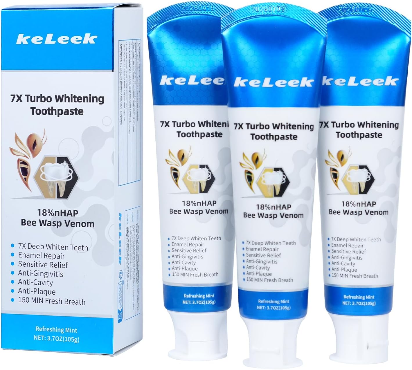 3-Pack 7X Turbo Whitening 18% Nano Hydroxyapatite Bee Wasp Venom Toothpaste for Enamel Repair,Sensitive Relief,Anti-Gingivitis,Anti-Cavity,Anti-Plaque -150 MIN Fresh Breath