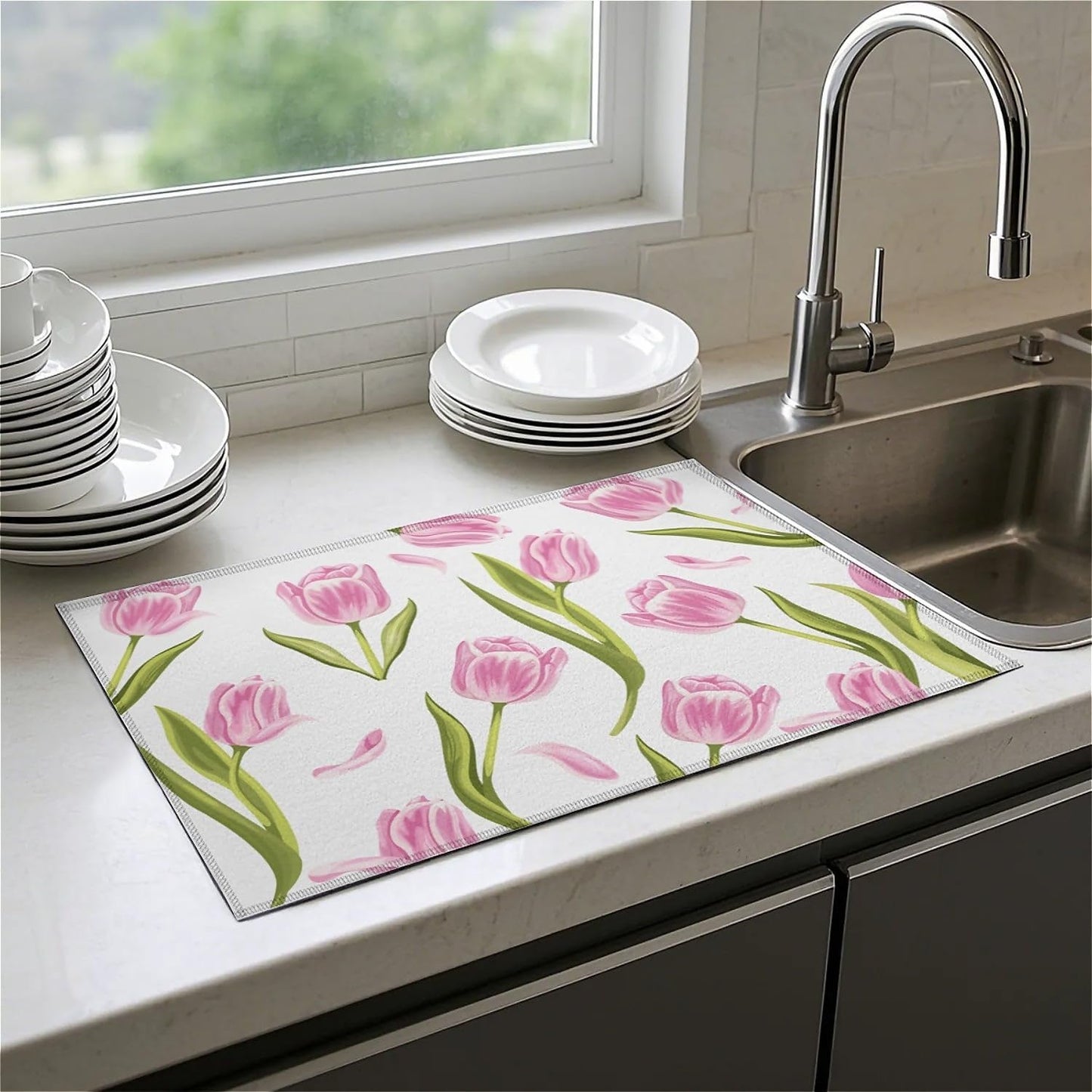 Dish Drying Mat For Kitchen Counter, Pink Tulip Flower Microfiber Absorbent Dish Drainer Rack Pad Reusable Large 18x24in Drying Mat