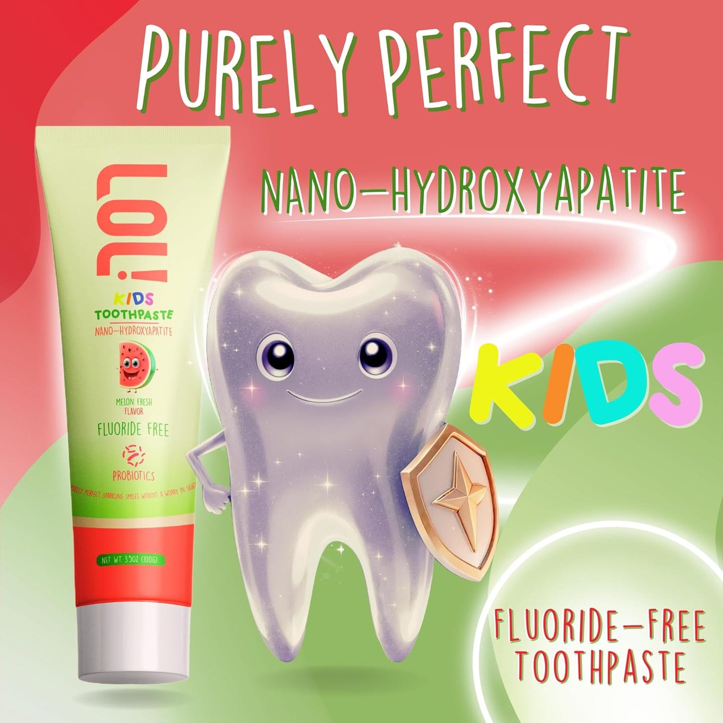 LOL Kids Toothpaste No Fluoride, Nano Hydroxyapatite Toothpaste, Probiotics, Xylitol Tooth Paste Kids | Remineralizing | Natural | Plant-Based Foam | Pasta De Dientes para Niños (Watermelon)