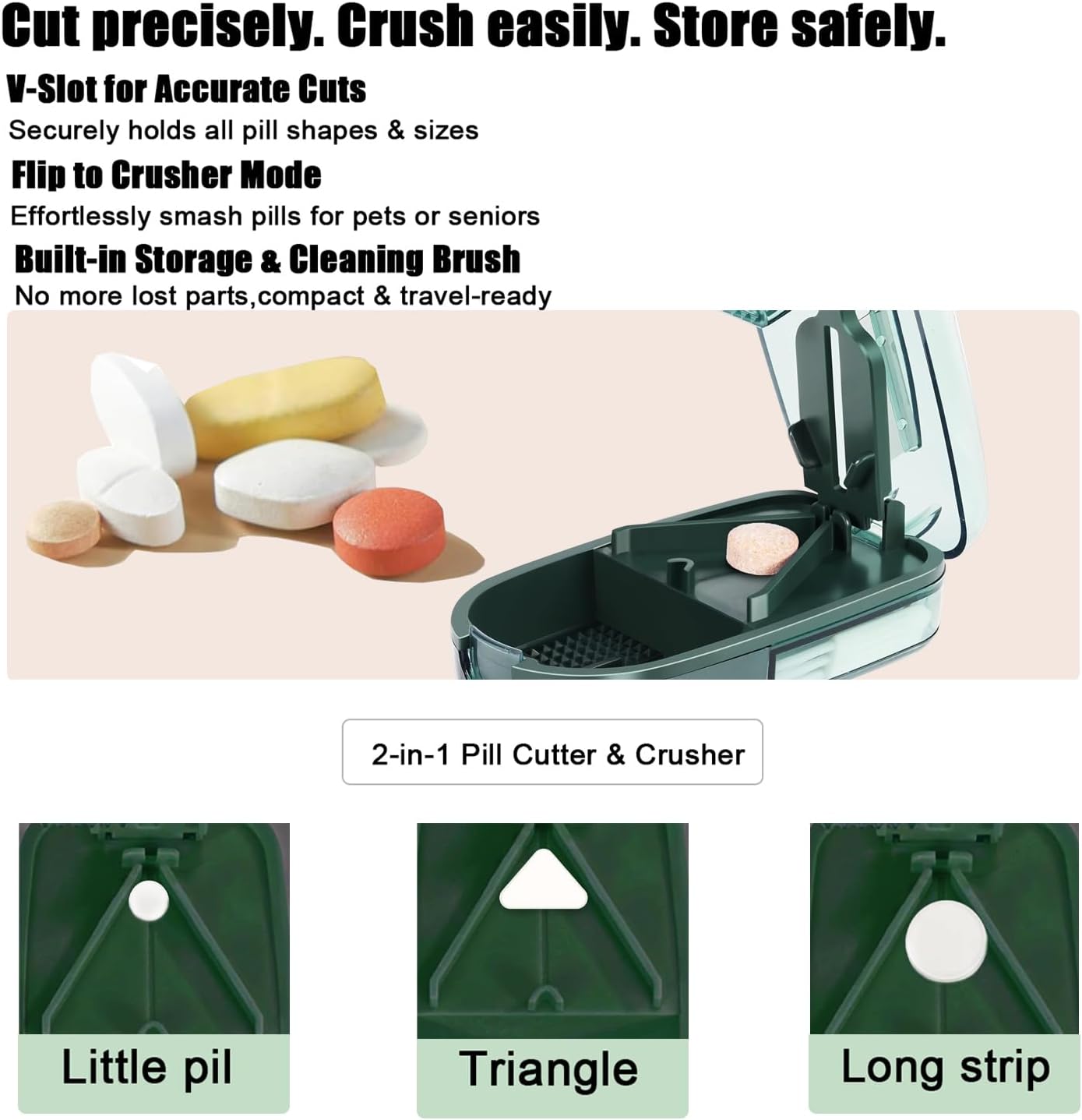 Clear Pill Cutter & Crusher – Precision Tablet Splitter with Safety Blade Guard, Pill Storage and Built-in Cleaning Brush – for Small and Large Pills, Travel Ready (Transparent Green)