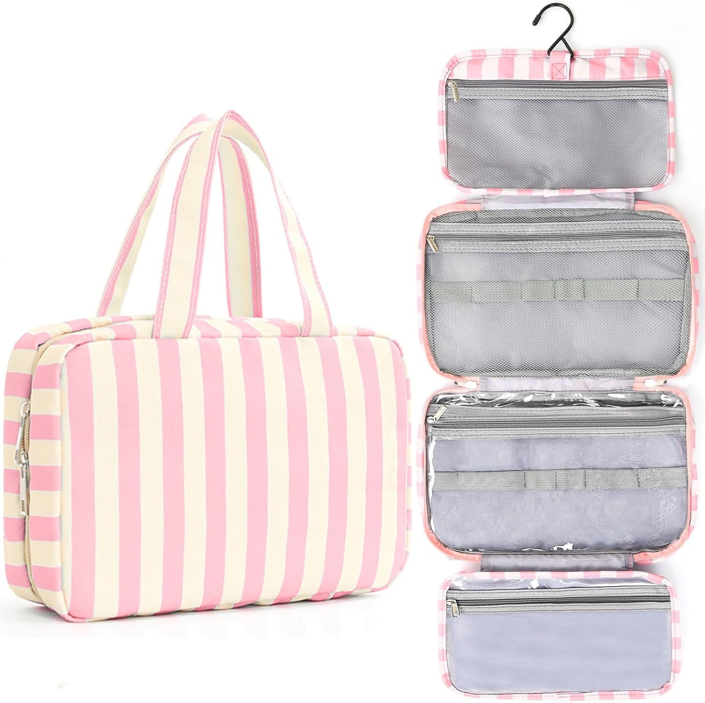 Toiletry Bag for Women Travel Water-resistant Cosmetic Bag Fashion Stripes Makeup Bag with Hanging Hook Preppy for Store Toiletries Cosmetic Accessories Large Capacity Pink