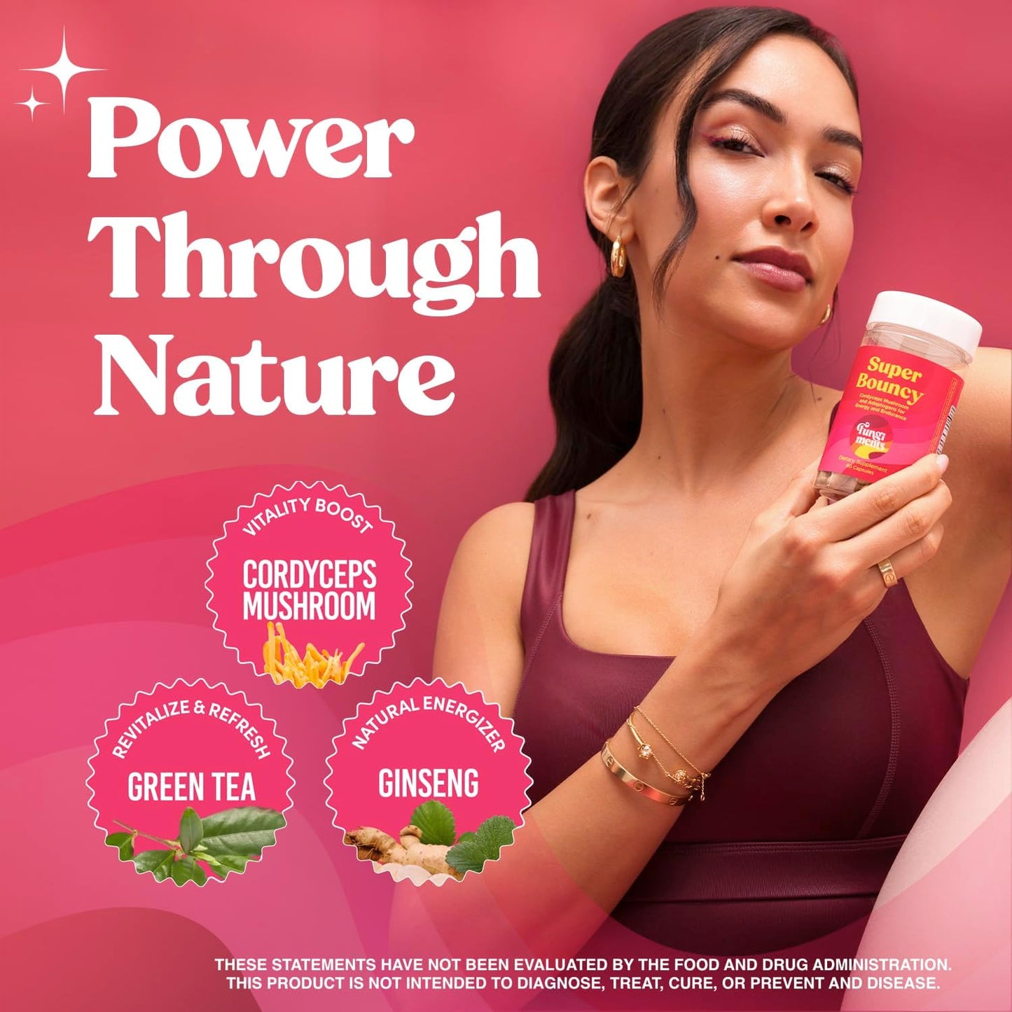 Super Bouncy - Mushroom Supplement - Cordyceps Mushrooms, Green Tea, Ginseng - Energy and Focus (60 Capsules)