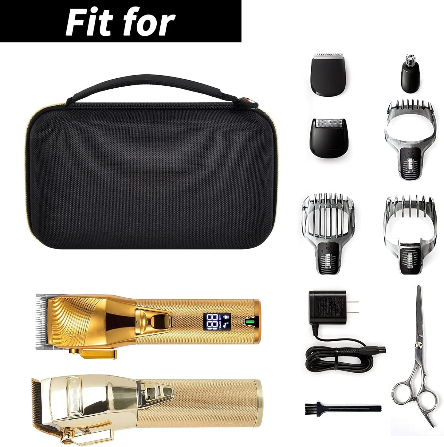 Case Compatible with Hair Clipper Barber, Trimmer Travel Storage Organizer for T Finisher Liner, Comb Cutting Guide, Clipper Blade Oil, Cleaning Brush and Other Grooming Kit - Black Case+Gold Zipper