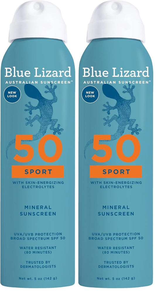 BLUE LIZARD Sport Mineral Sunscreen Spray SPF 50+, Dermatologist-Recommended Brand, Broad-Spectrum UVA/UVB Protection, Water-Resistant, Zinc Oxide Formula, Vegan, 5 fl oz (Pack of 2)