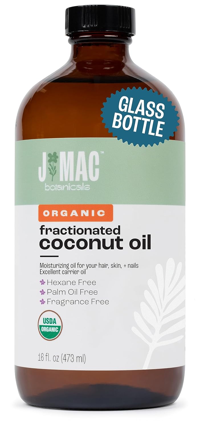 J MAC BOTANICALS Organic Fractionated Coconut Oil (16 Ounce Glass Bottle) Organic Carrier Oil and for DIluting Essential Oils, Moisturizer, Hair Care
