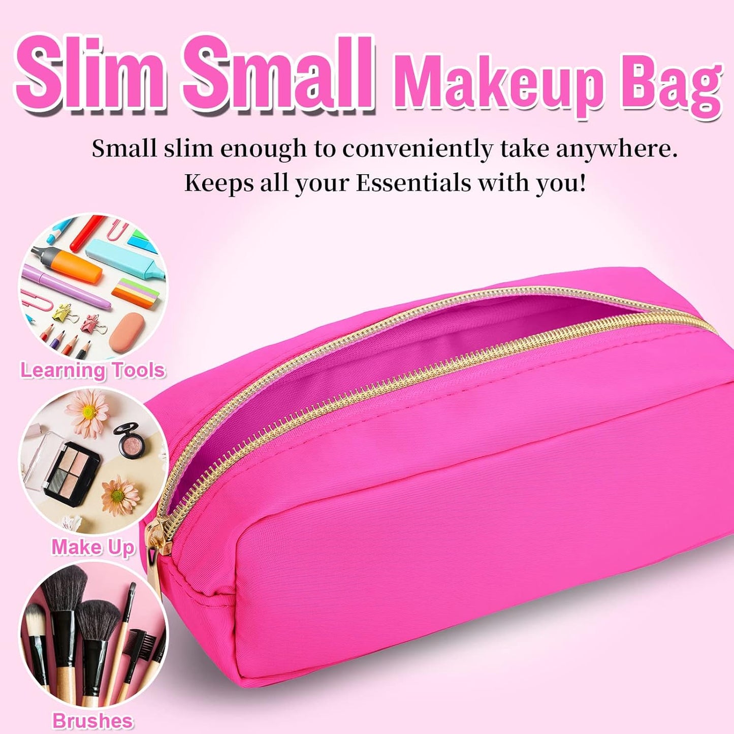 Izuzt Nylon Small Makeup Bag, Slim Pouch - Preppy Cute Makeup Brush Case, Cosmetic Zipper Pouch for Purse, Waterproof Travel Toiletry Bag Clutch, Makeup Organizer for Women & Girls (Hot Pink)